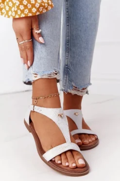 Damskie Skórzane Sandały Nicole 2648 Białe Metaliczne