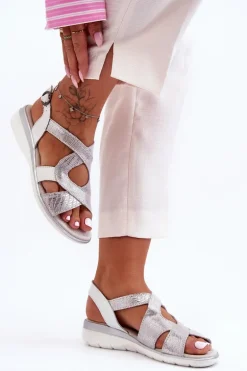 Damskie Skórzane Sandały S.Barski 97619 Srebrne