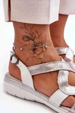 Damskie Skórzane Sandały S.Barski 97619 Srebrne