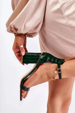 Damskie Skórzane Sandały Wężowy Wzór Zielone Sollana