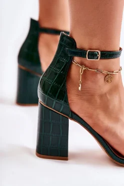 Damskie Skórzane Sandały Wężowy Wzór Zielone Sollana