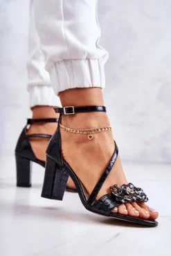 Damskie Skórzane Sandały Z Kryształami Czarne Ramona
