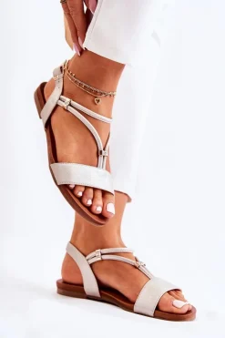 Damskie Skórzane Sandały Z Cyrkoniami Złote Melly