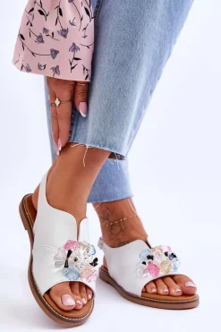 Damskie Skórzane Sandały Z Kamieniami Białe Mersea