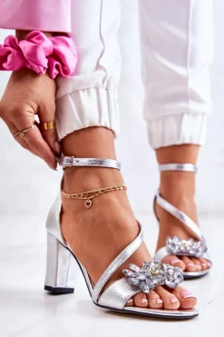 Damskie Skórzane Sandały Z Kryształami Srebrne Ramona