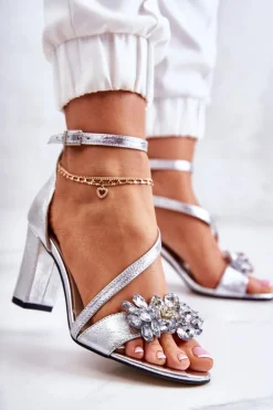 Damskie Skórzane Sandały Z Kryształami Srebrne Ramona