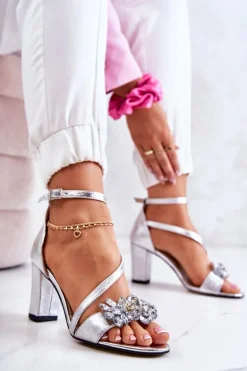 Damskie Skórzane Sandały Z Kryształami Srebrne Ramona