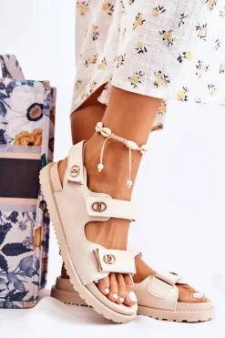 Damskie Skórzane Sandały Z Ozdobą Beżowe Halis