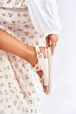 Damskie Skórzane Sandały Z Ozdobą Beżowe Halis