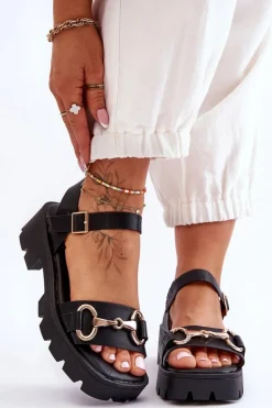 Damskie Skórzane Sandały Z Ozdobą Czarne Emori