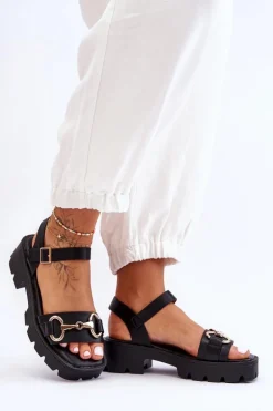 Damskie Skórzane Sandały Z Ozdobą Czarne Emori