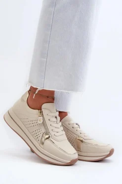Damskie Skórzane Sneakersy Na Platformie Beżowe Ligustra