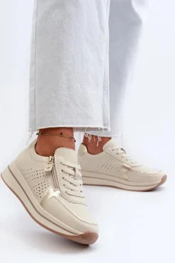 Damskie Skórzane Sneakersy Na Platformie Beżowe Ligustra