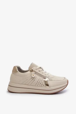 Damskie Skórzane Sneakersy Na Platformie Beżowe Ligustra