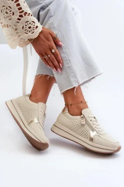 Damskie Skórzane Sneakersy Na Platformie Beżowe Ligustra