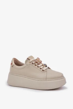 Damskie Skórzane Sneakersy Na Platformie Z Ozdobami CheBello 4292 Jasnobeżowe