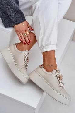 Damskie Skórzane Sneakersy Na Platformie Z Ozdobami CheBello 4292 Jasnobeżowe