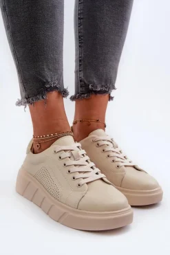 Damskie Skórzane Sneakersy Na Platformie Beżowe Gatira