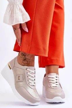 Damskie Skórzane Sneakersy Na Koturnie Złote Beatris