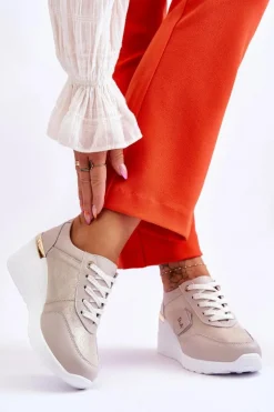 Damskie Skórzane Sneakersy Na Koturnie Złote Beatris