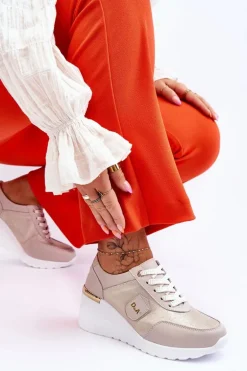 Damskie Skórzane Sneakersy Na Koturnie Złote Beatris