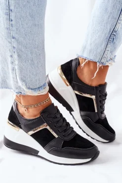 Damskie Skórzane Sneakersy Na Koturnie Czarne Białe Manitoba