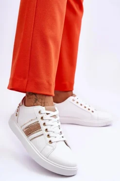 Damskie Skórzane Sneakersy Z Ćwiekami Biało-Złote Dory