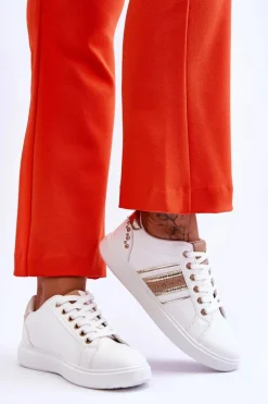 Damskie Skórzane Sneakersy Z Ćwiekami Biało-Złote Dory