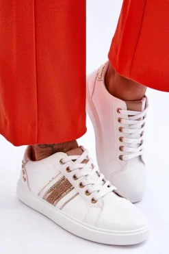 Damskie Skórzane Sneakersy Z Ćwiekami Biało-Złote Dory