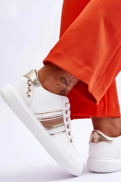 Damskie Skórzane Sneakersy Z Ćwiekami Biało-Złote Dory