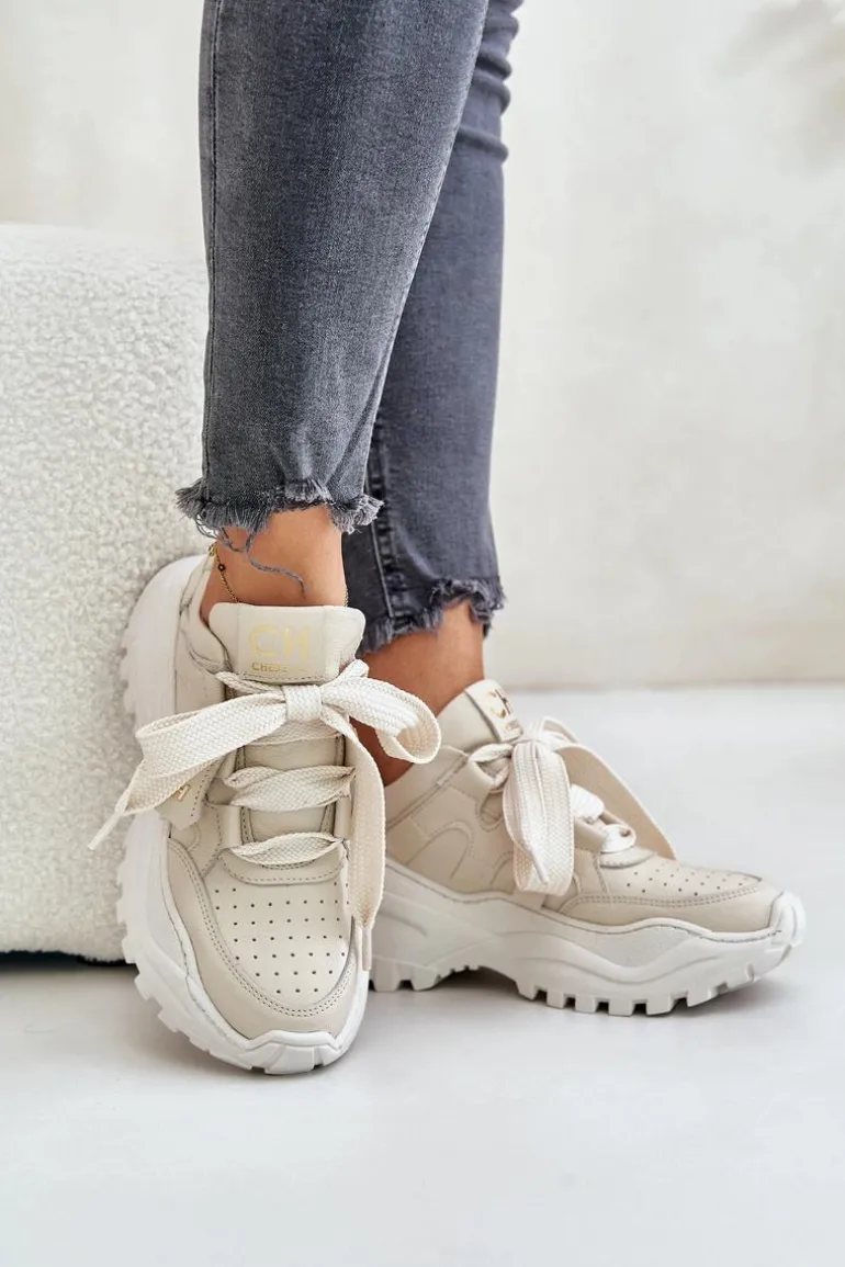 Damskie Skórzane Sneakersy Beżowe CheBello 4583