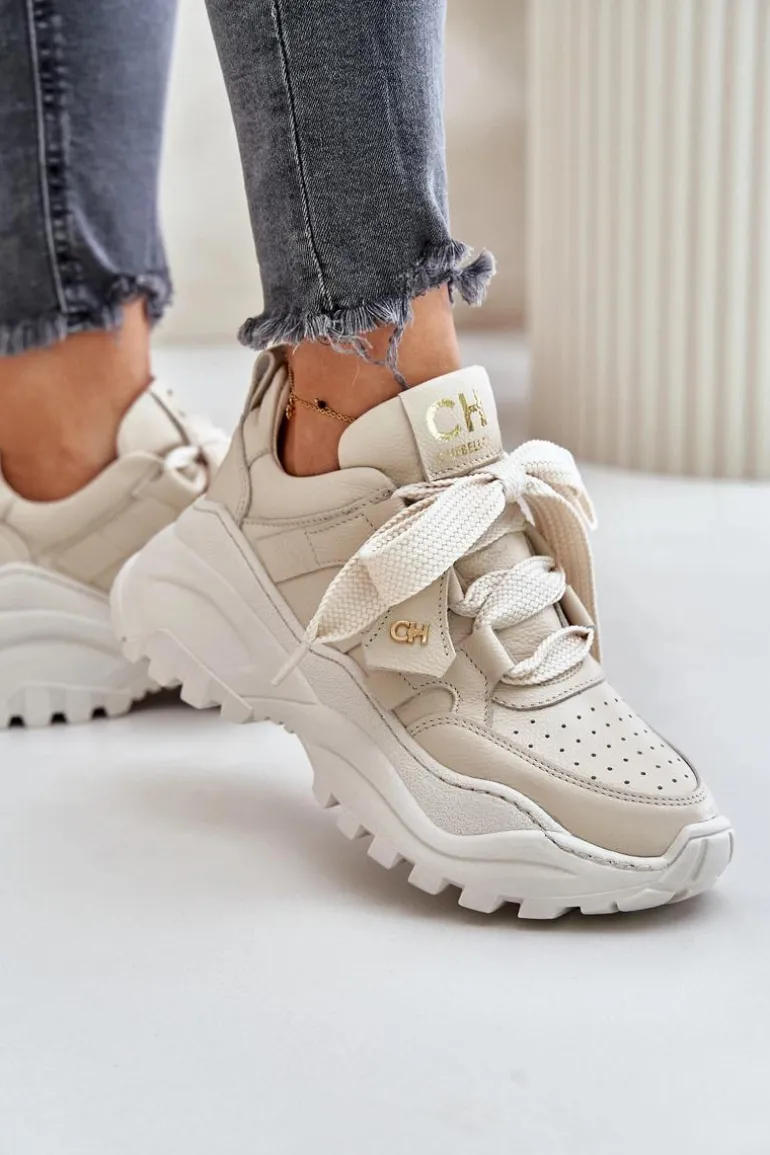 Damskie Skórzane Sneakersy Beżowe CheBello 4583