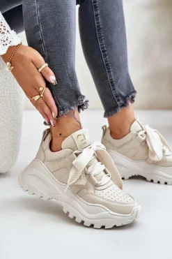 Damskie Skórzane Sneakersy Beżowe CheBello 4583