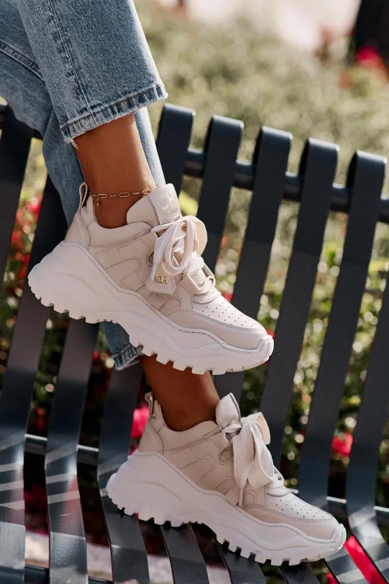 Damskie Skórzane Sneakersy Beżowe CheBello 4583