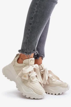 Damskie Skórzane Sneakersy Beżowe CheBello 4583