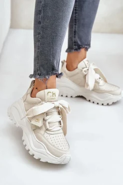 Damskie Skórzane Sneakersy Beżowe CheBello 4583