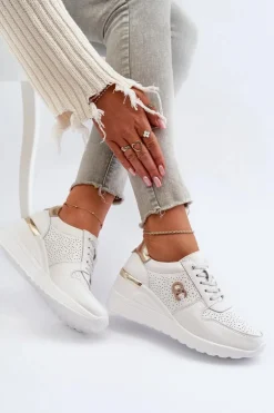 Damskie Skórzane Sneakersy Na Koturnie Białe D&A LR810