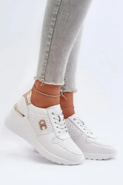 Damskie Skórzane Sneakersy Na Koturnie Białe D&A LR810