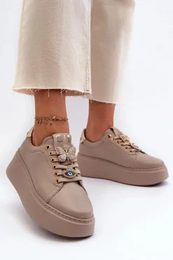 Damskie Skórzane Sneakersy Z Ozdobami CheBello 4292 Beżowe