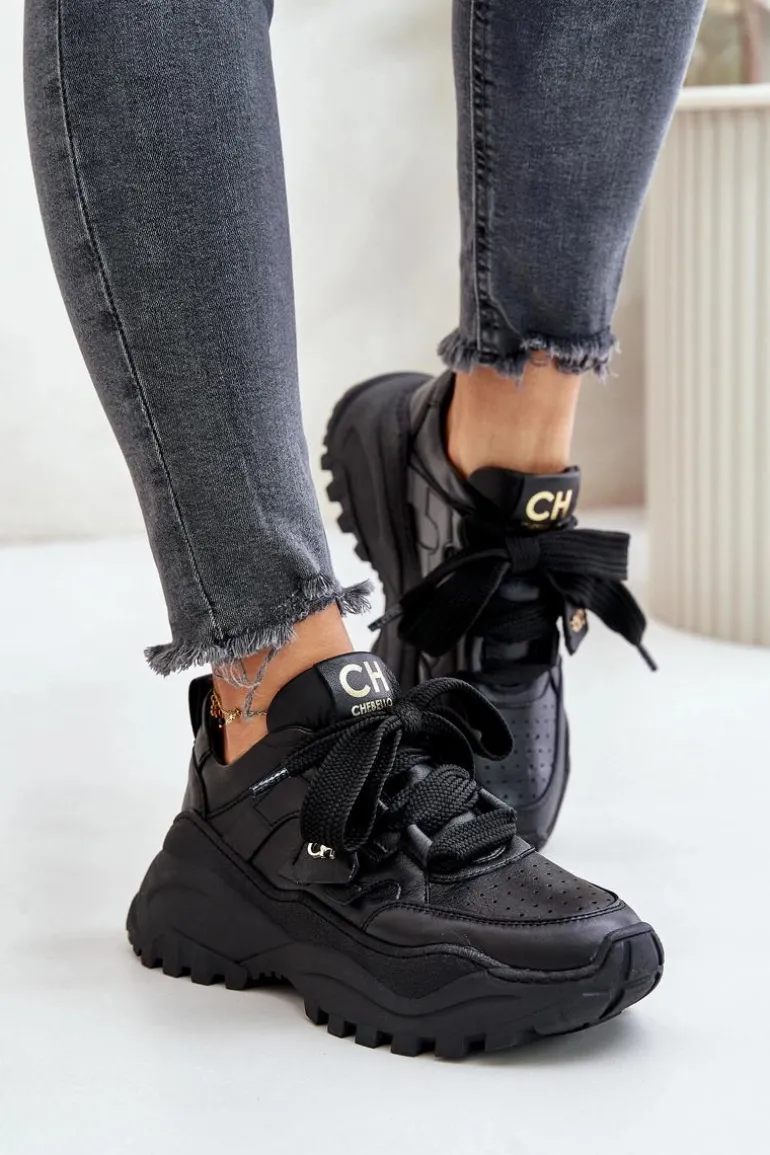 Damskie Skórzane Sneakersy Czarne CheBello 4583