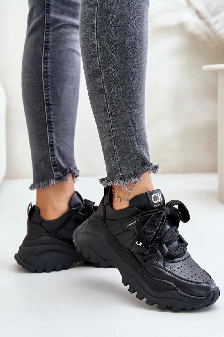 Damskie Skórzane Sneakersy Czarne CheBello 4583
