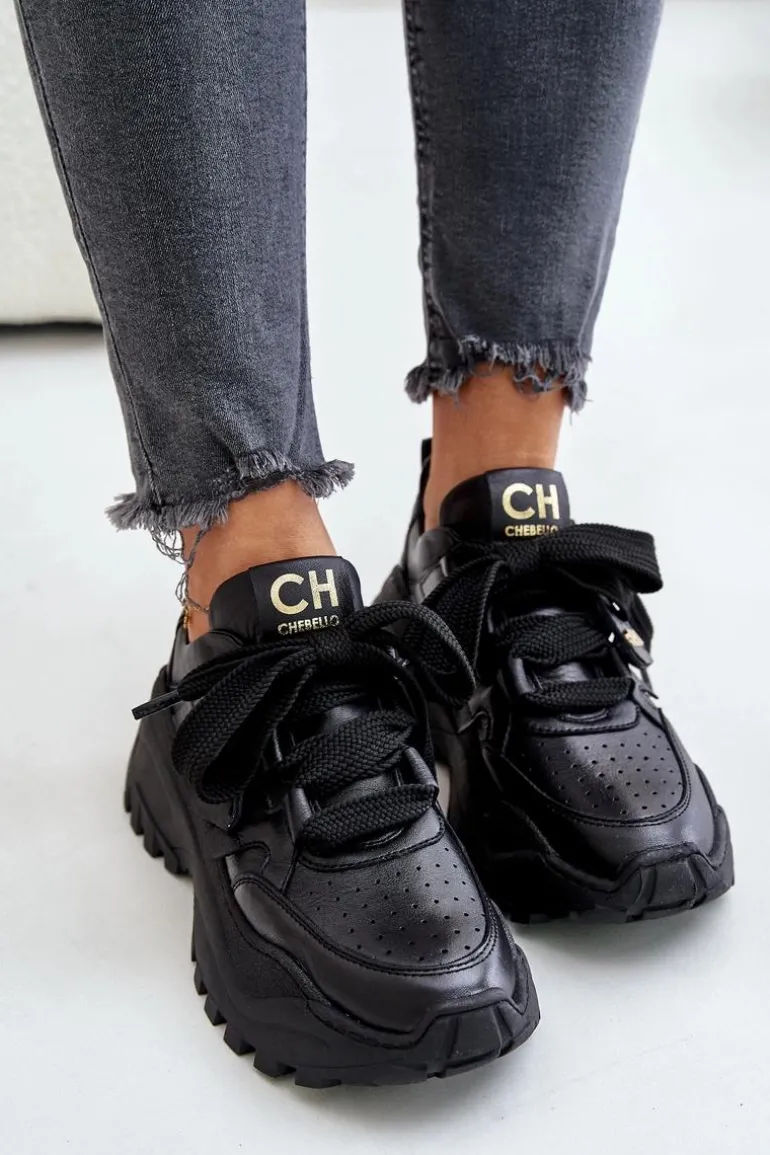 Damskie Skórzane Sneakersy Czarne CheBello 4583