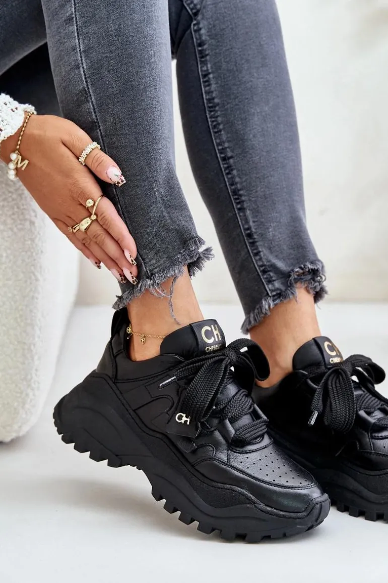 Damskie Skórzane Sneakersy Czarne CheBello 4583
