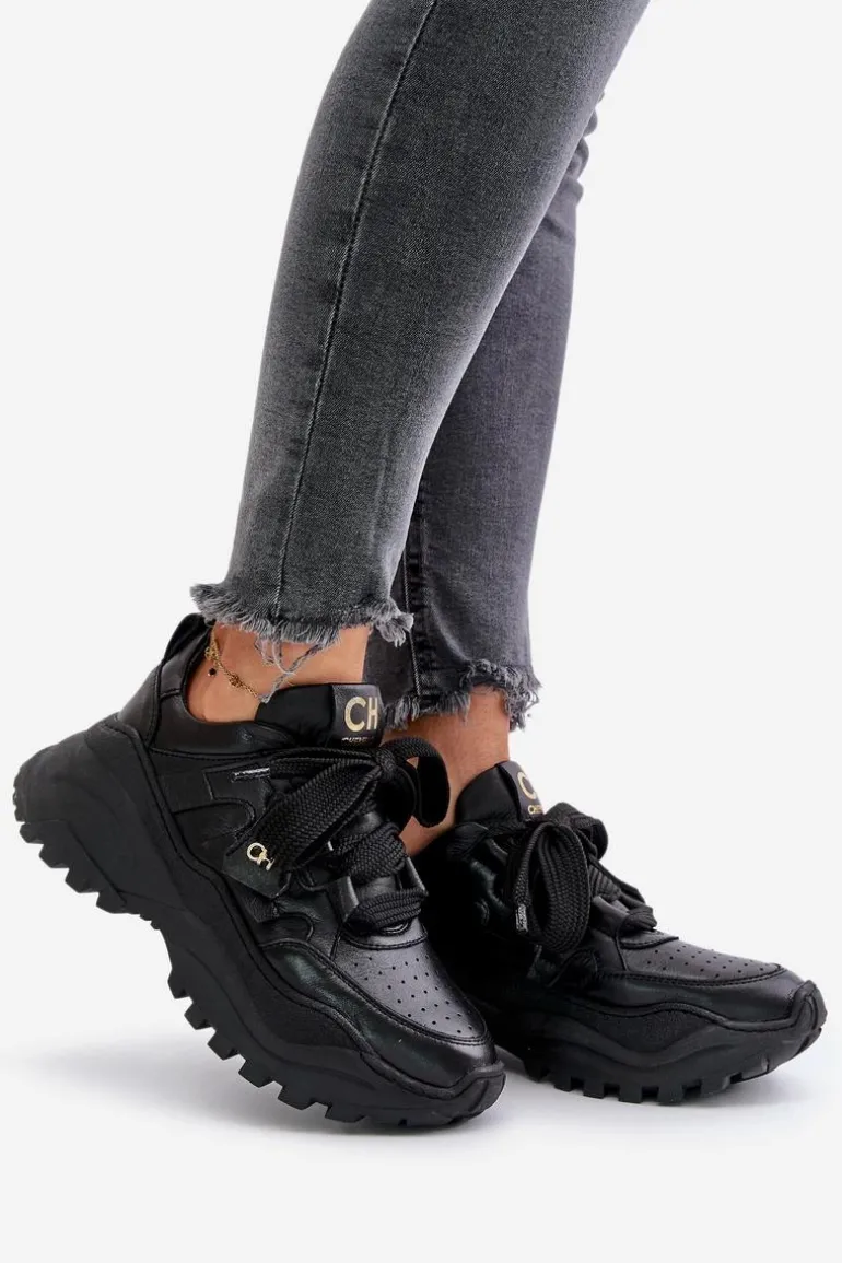 Damskie Skórzane Sneakersy Czarne CheBello 4583