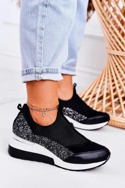 Damskie Skórzane Sneakersy Na Koturnie Czarne Srebrne Frances