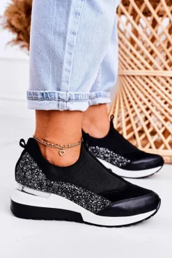 Damskie Skórzane Sneakersy Na Koturnie Czarne Srebrne Frances