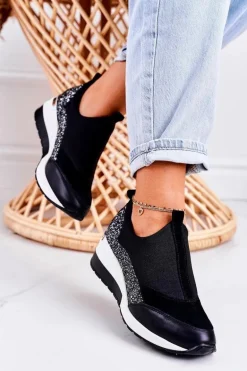 Damskie Skórzane Sneakersy Na Koturnie Czarne Srebrne Frances