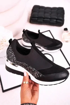 Damskie Skórzane Sneakersy Na Koturnie Czarne Srebrne Frances