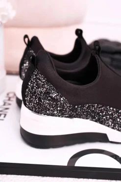 Damskie Skórzane Sneakersy Na Koturnie Czarne Srebrne Frances