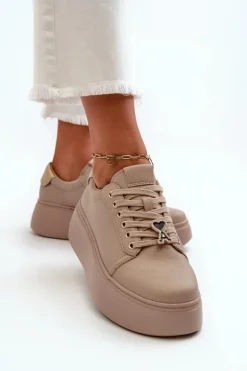Damskie Skórzane Sneakersy Na Platformie Beżowe Vinceza 66700